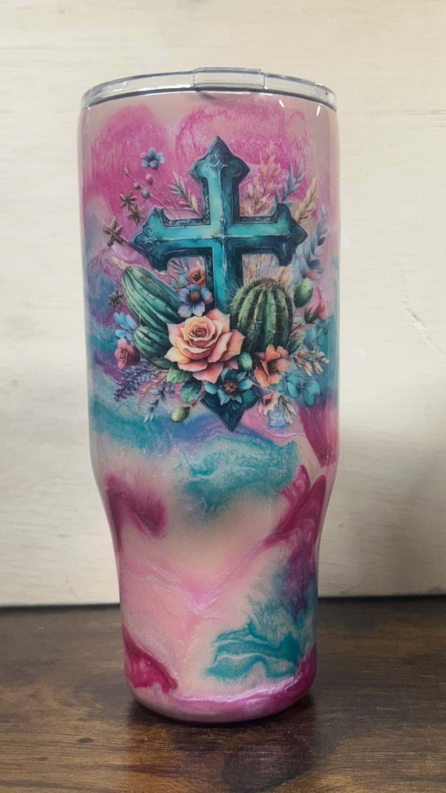 Pastel pink with a cross