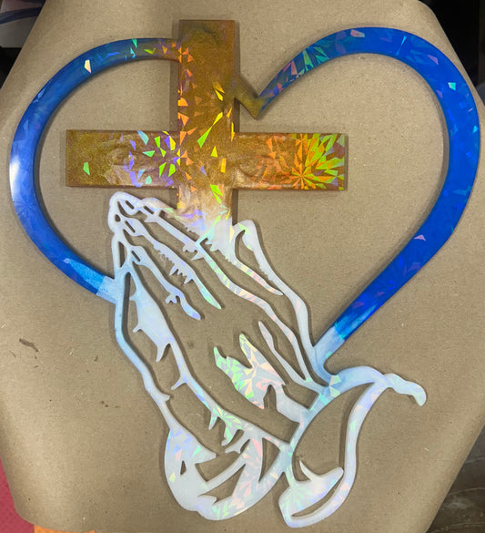 Holographic Heart Praying Hands Cross